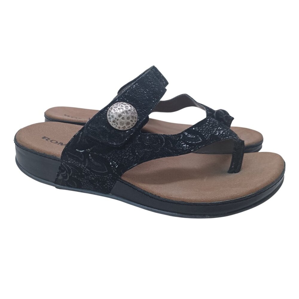Romika Sandals Black Velvet Leather Toe Loop‎ Style Comfort Wedge Womens 38 or 7